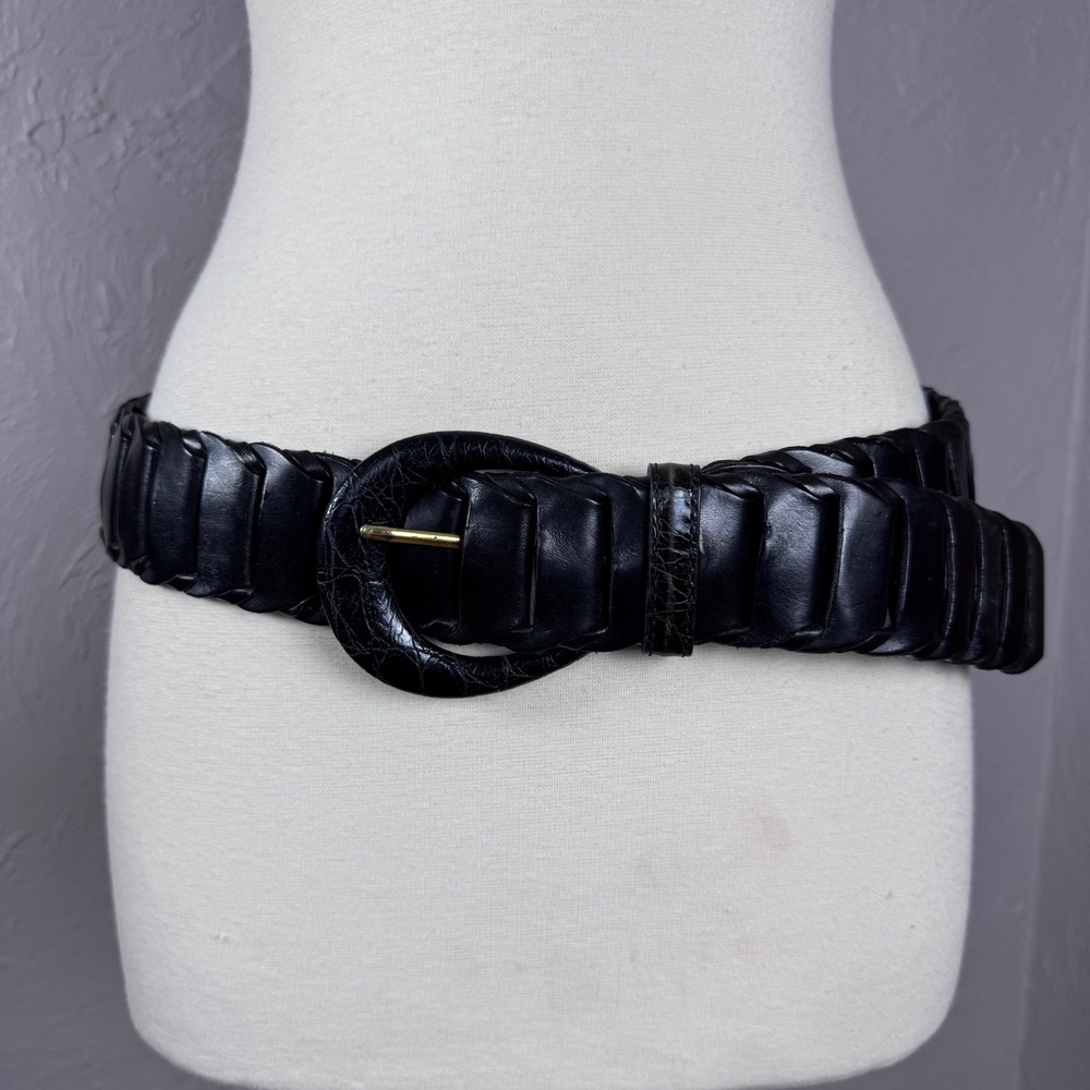 Vtg 90s Harold's‎ black genuine leather link belt large -minimalist boho